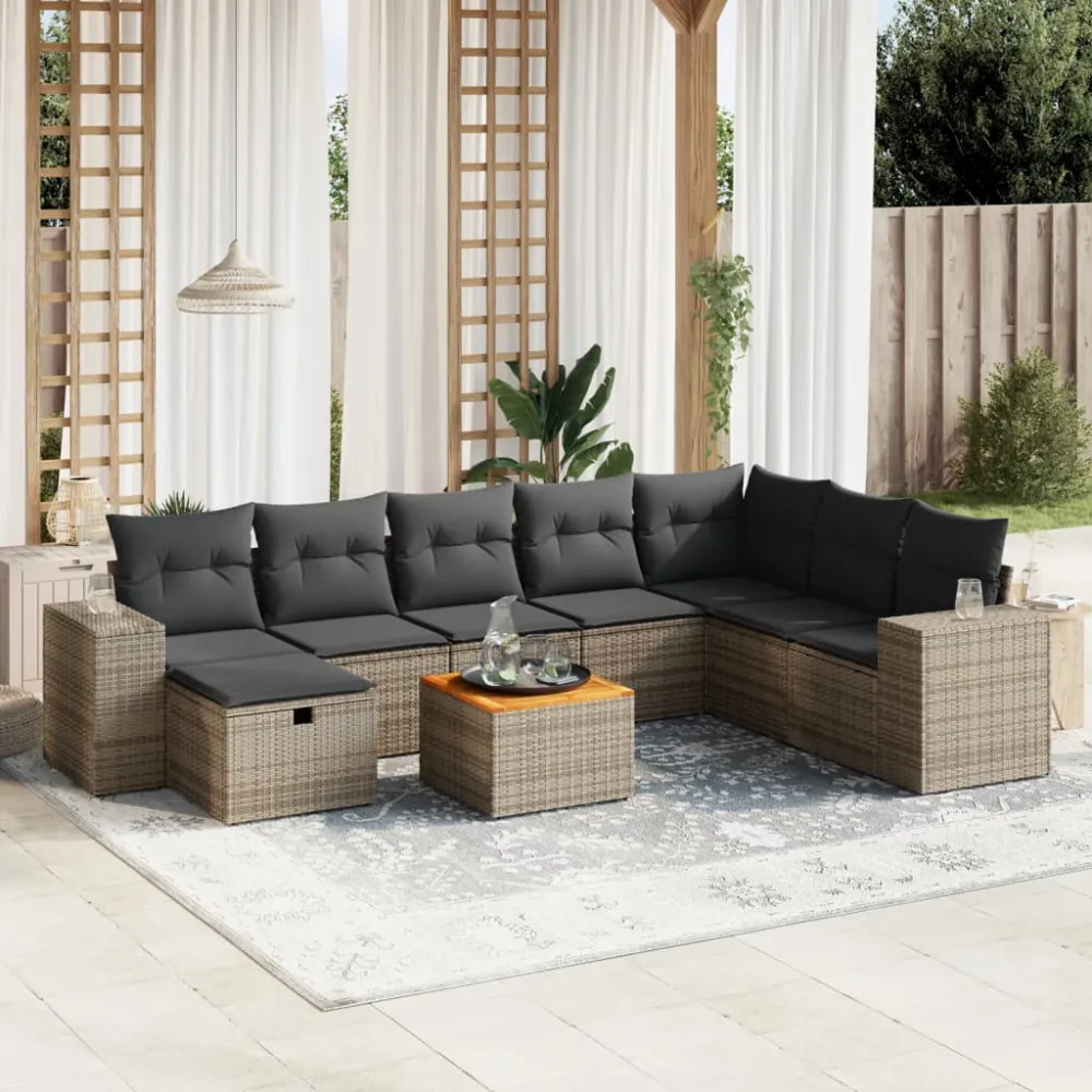 9-delige Loungeset met kussens poly rattan grijs vidaXL