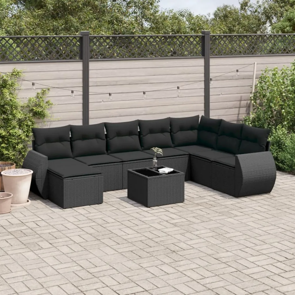 9-delige Loungeset met kussens poly rattan zwart vidaXL