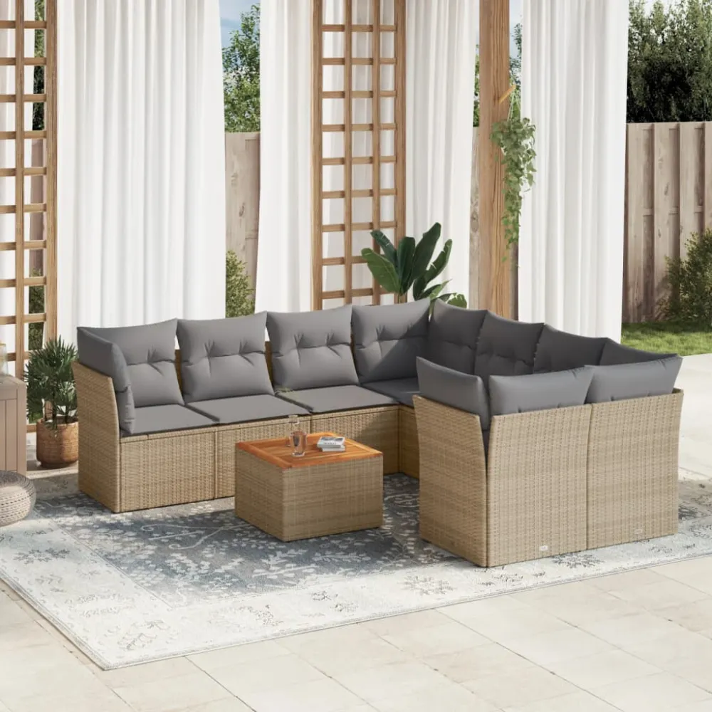 9-delige Loungeset met kussens poly rattan beige vidaXL