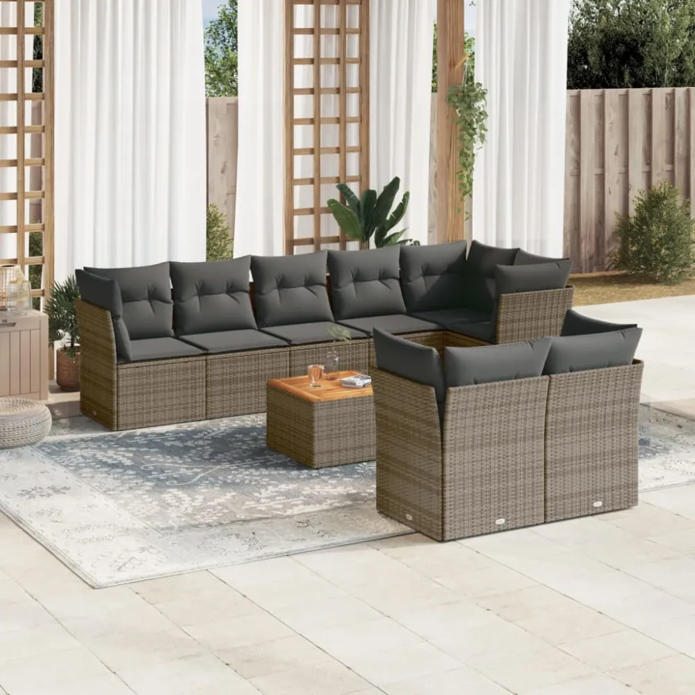 9-delige Loungeset met kussens poly rattan grijs vidaXL