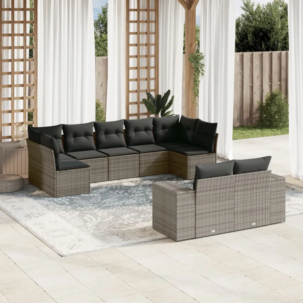 9-delige Loungeset met kussens poly rattan grijs vidaXL
