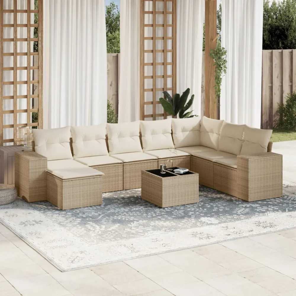 9-delige Loungeset met kussens poly rattan beige vidaXL