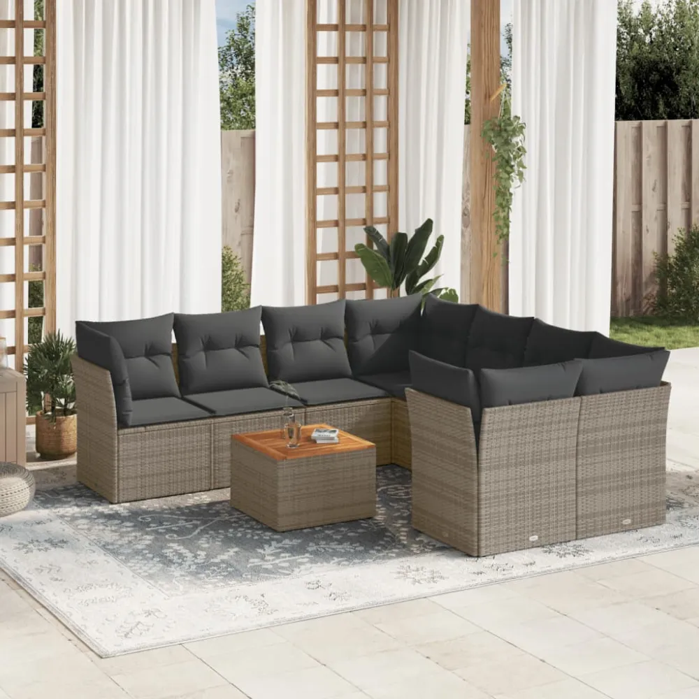 9-delige Loungeset met kussens poly rattan grijs vidaXL