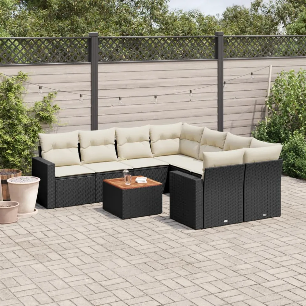 9-delige Loungeset met kussens poly rattan zwart vidaXL