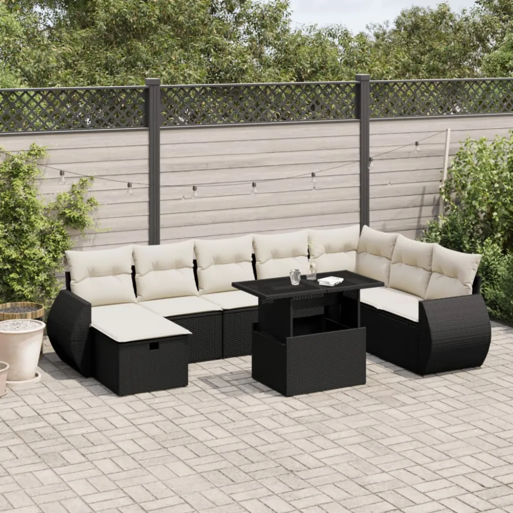 9-delige Loungeset met kussens poly rattan zwart vidaXL