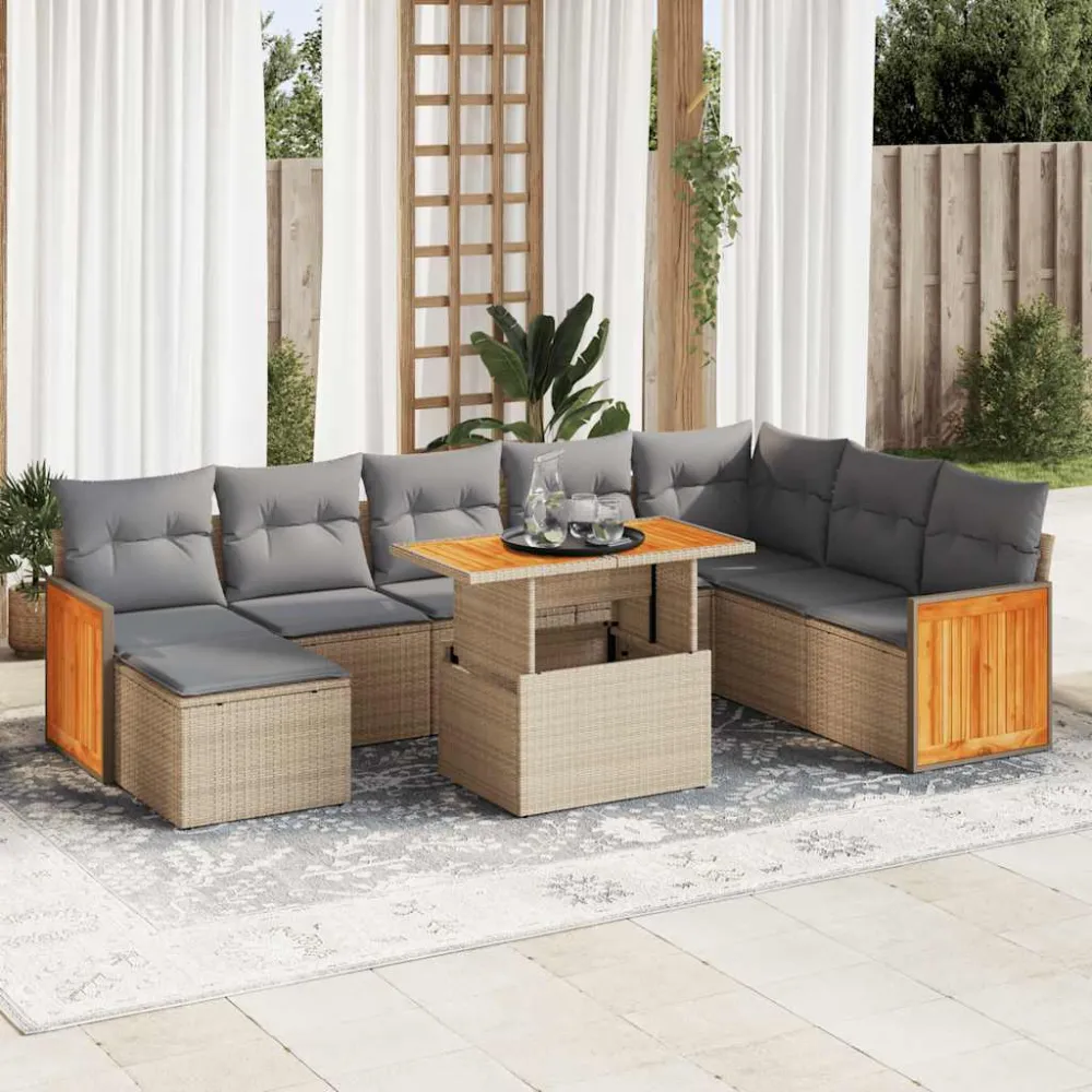 9-delige Loungeset met kussens poly rattan acacia beige vidaXL