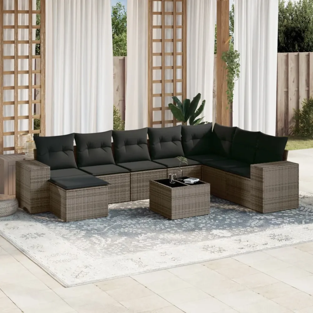 9-delige Loungeset met kussens poly rattan grijs vidaXL