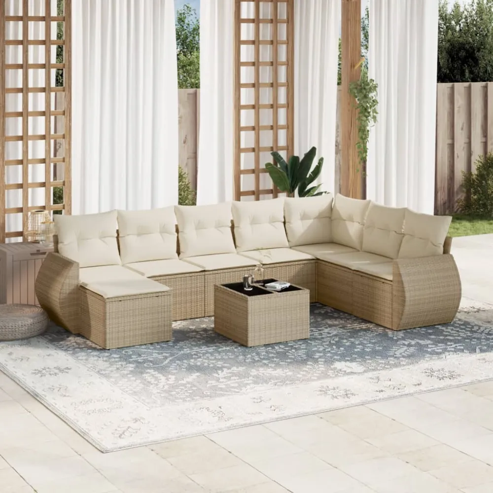 9-delige Loungeset met kussens poly rattan beige vidaXL