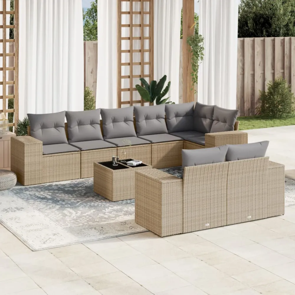 9-delige Loungeset met kussens poly rattan beige vidaXL