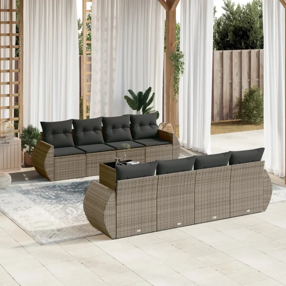 9-delige Loungeset met kussens poly rattan grijs vidaXL