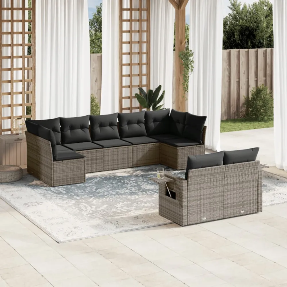 9-delige Loungeset met kussens poly rattan grijs vidaXL