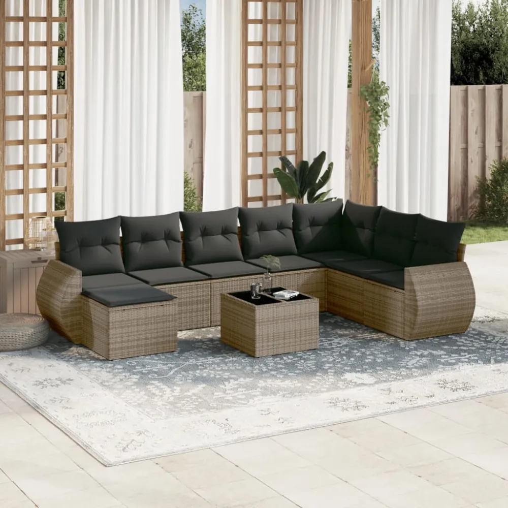 9-delige Loungeset met kussens poly rattan grijs vidaXL