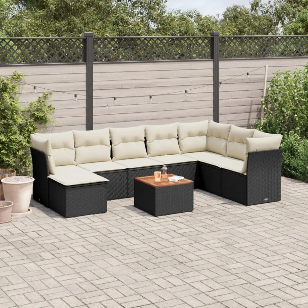 9-delige Loungeset met kussens poly rattan zwart vidaXL