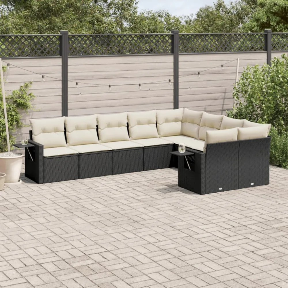 9-delige Loungeset met kussens poly rattan zwart vidaXL