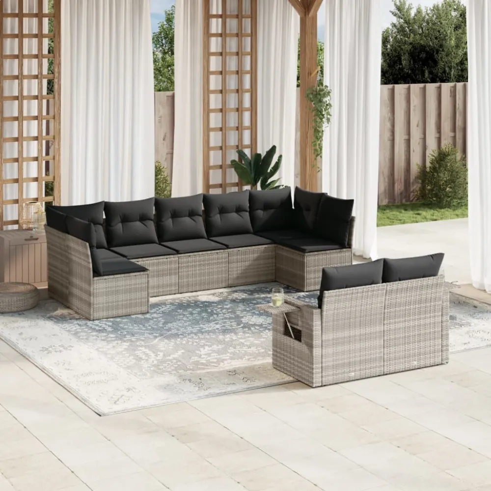 9-delige Loungeset met kussens poly rattan lichtgrijs vidaXL