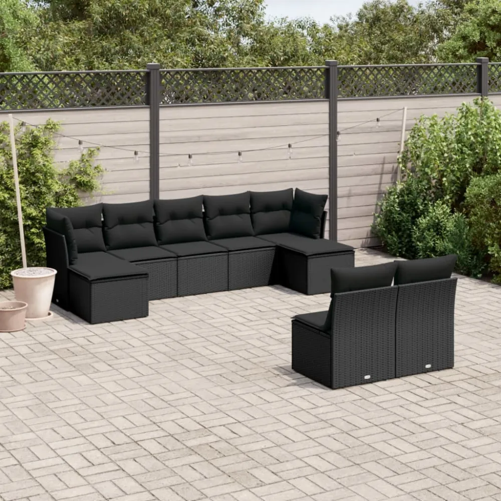 9-delige Loungeset met kussens poly rattan zwart vidaXL
