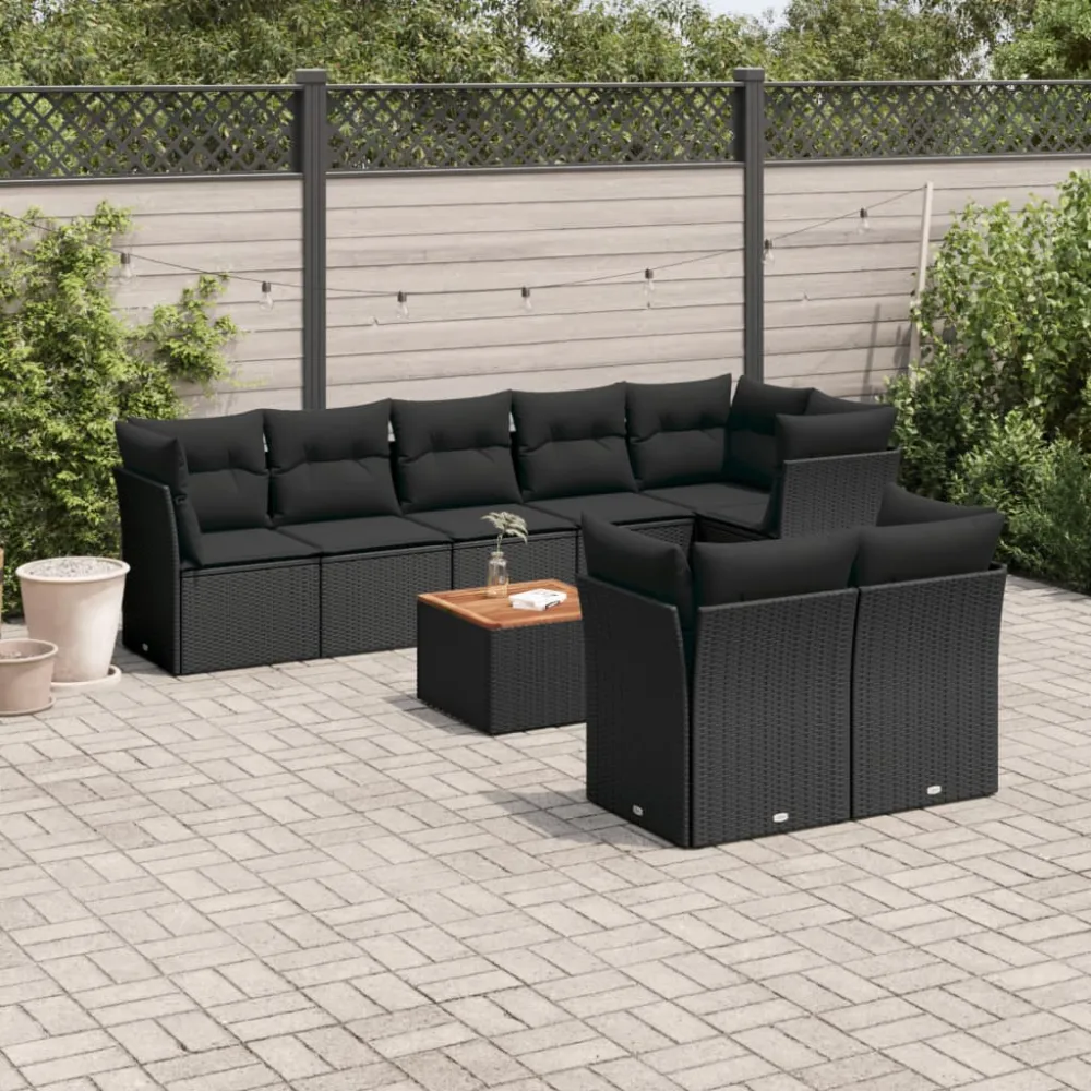 9-delige Loungeset met kussens poly rattan zwart vidaXL