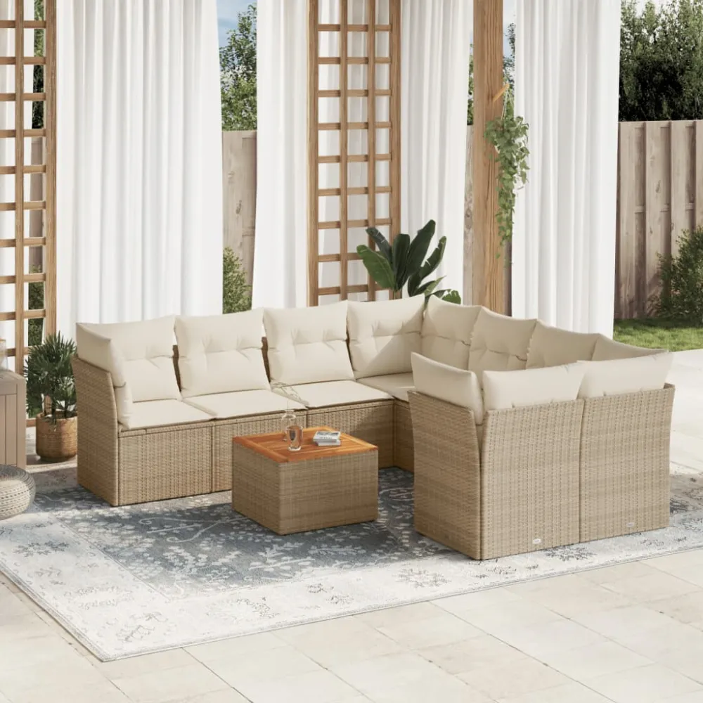 9-delige Loungeset met kussens poly rattan beige vidaXL