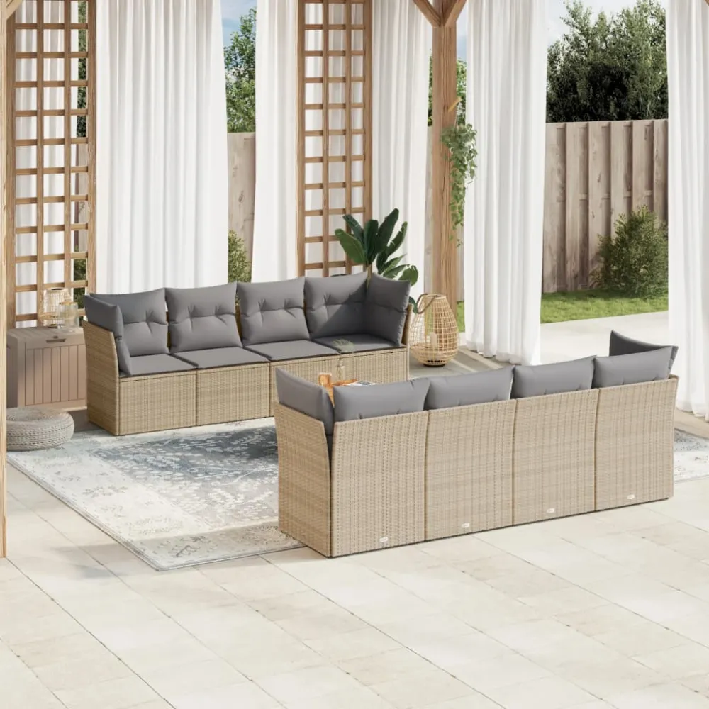 9-delige Loungeset met kussens poly rattan beige vidaXL