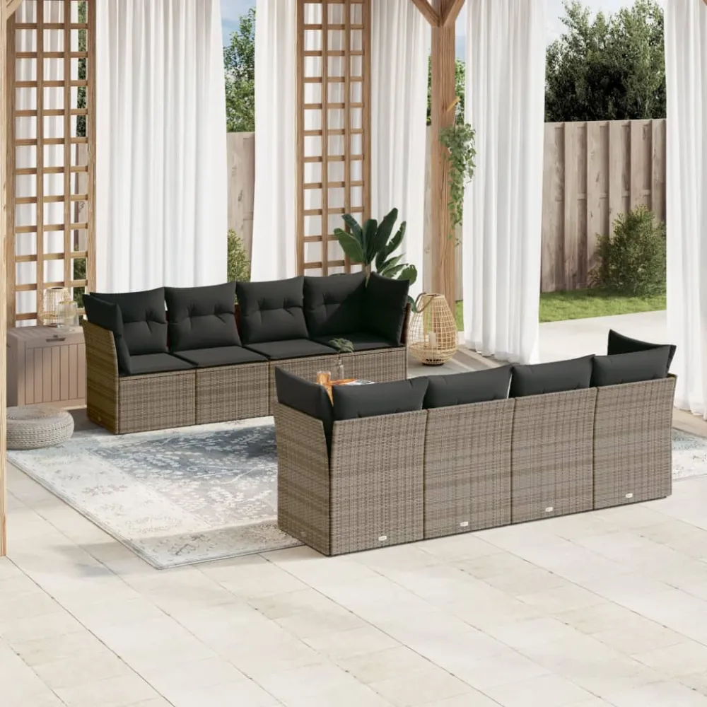 9-delige Loungeset met kussens poly rattan grijs vidaXL