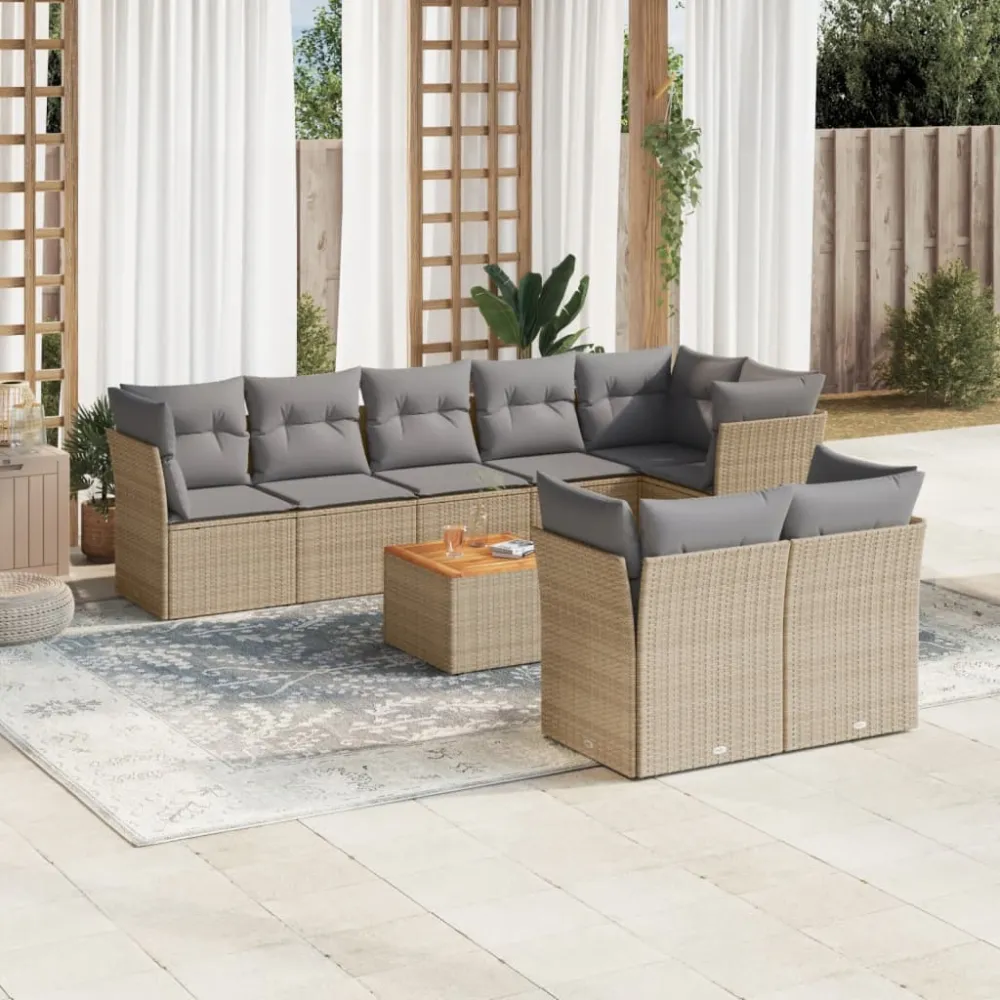 9-delige Loungeset met kussens poly rattan beige vidaXL