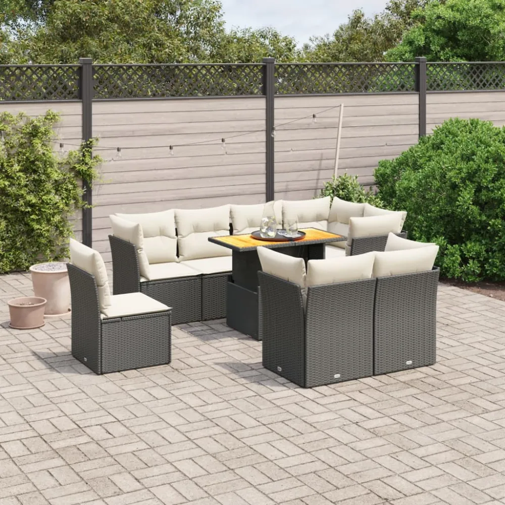 9-delige Loungeset met kussens poly rattan zwart vidaXL