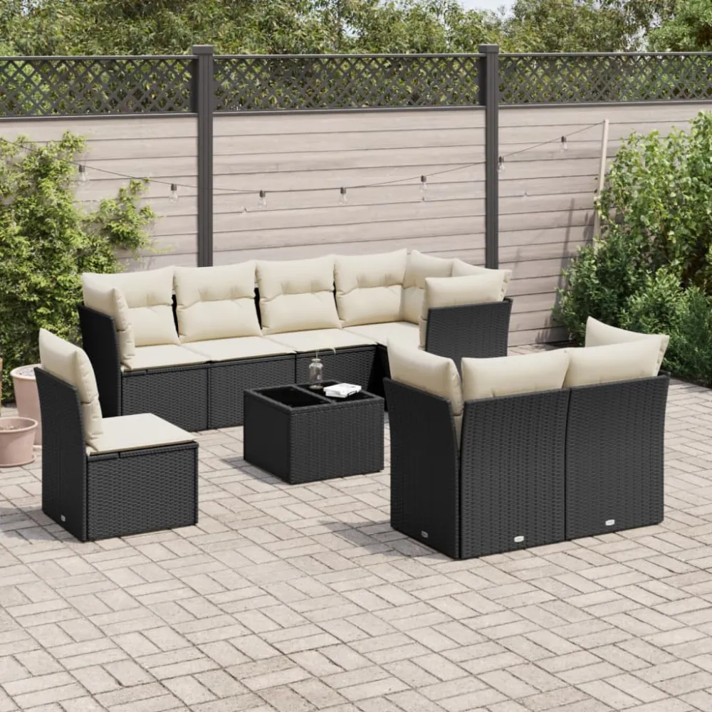 9-delige Loungeset met kussens poly rattan zwart vidaXL