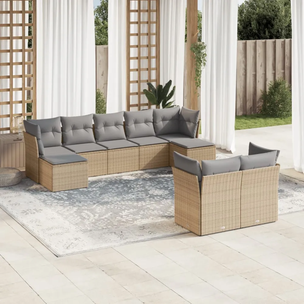 9-delige Loungeset met kussens poly rattan beige vidaXL