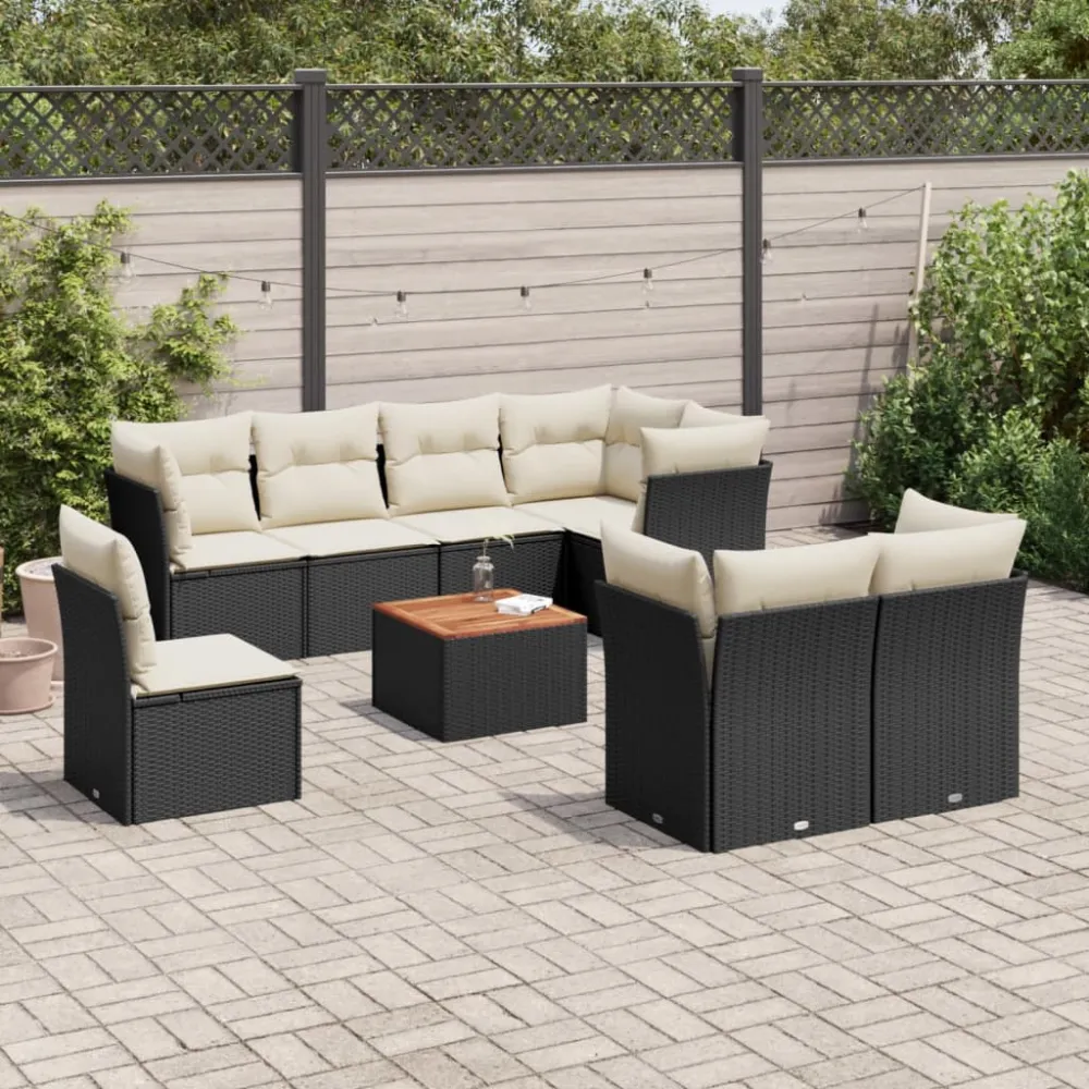 9-delige Loungeset met kussens poly rattan zwart vidaXL