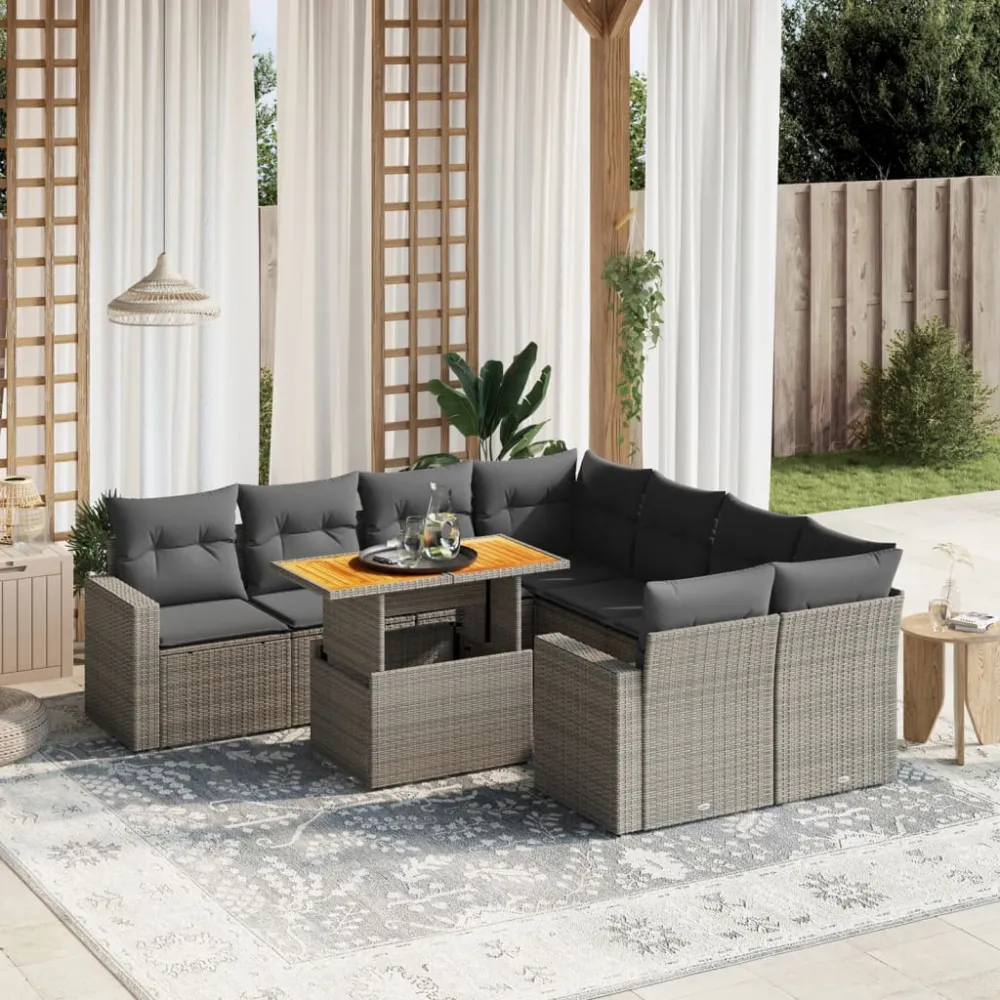 9-delige Loungeset met kussens poly rattan grijs vidaXL