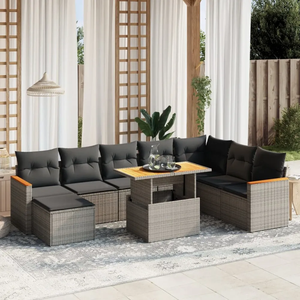 9-delige Loungeset met kussens poly rattan grijs vidaXL