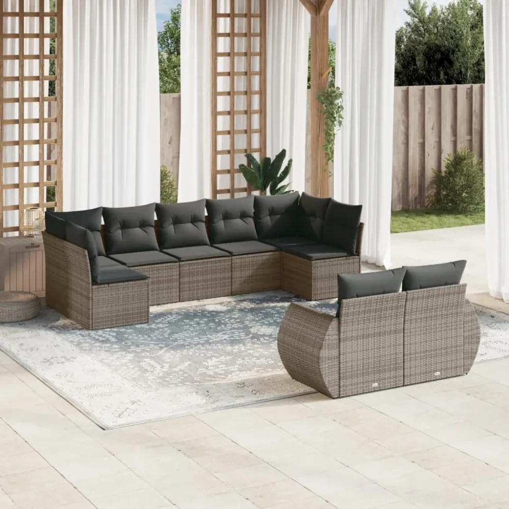 9-delige Loungeset met kussens poly rattan grijs vidaXL