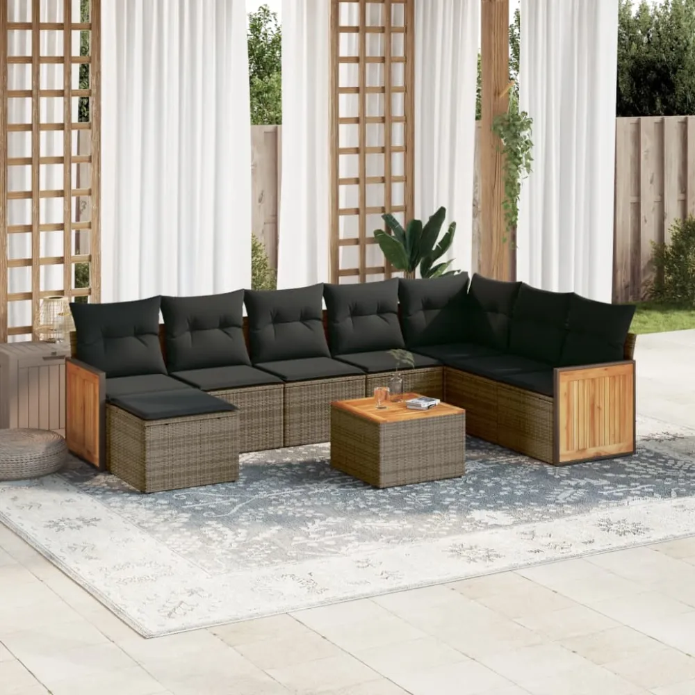 9-delige Loungeset met kussens poly rattan grijs vidaXL