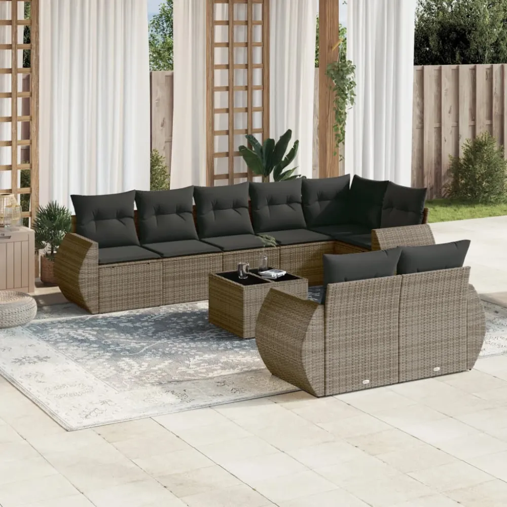 9-delige Loungeset met kussens poly rattan grijs vidaXL