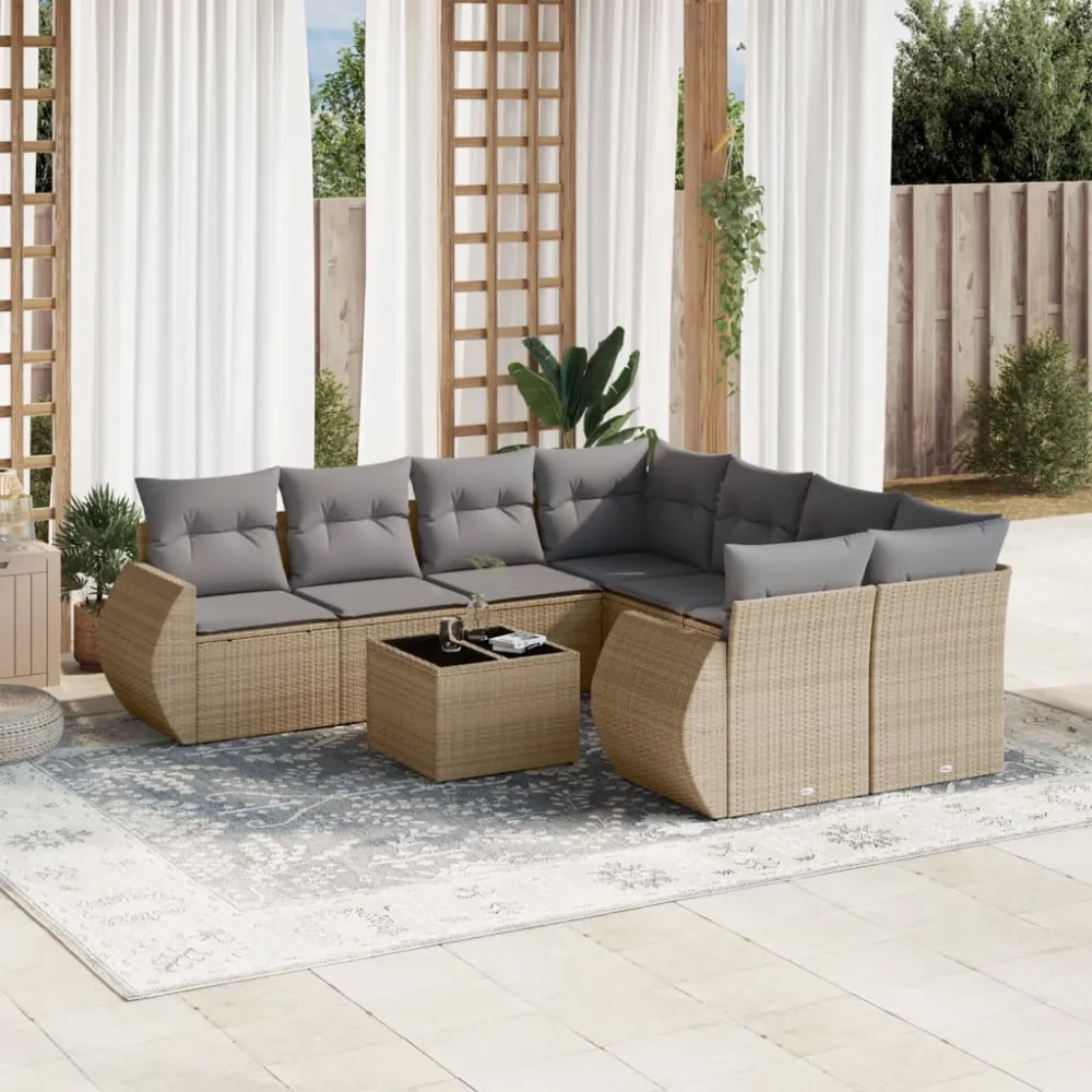 9-delige Loungeset met kussens poly rattan beige vidaXL