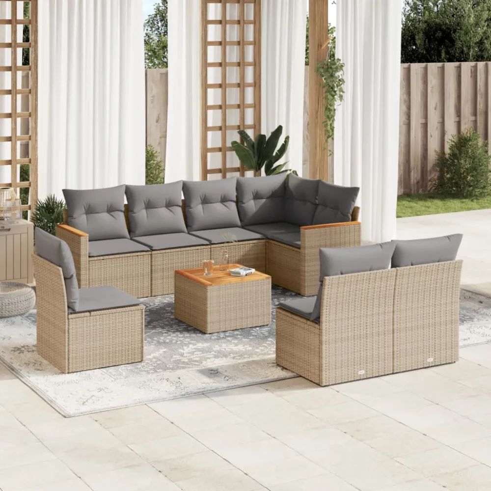 9-delige Loungeset met kussens poly rattan gemengd beige vidaXL