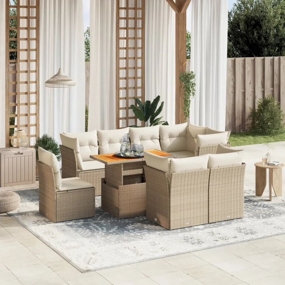 9-delige Loungeset met kussens poly rattan beige vidaXL