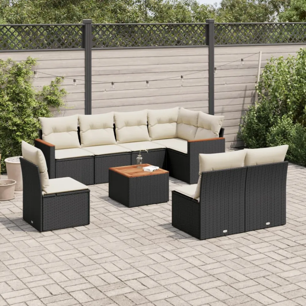 9-delige Loungeset met kussens poly rattan zwart vidaXL