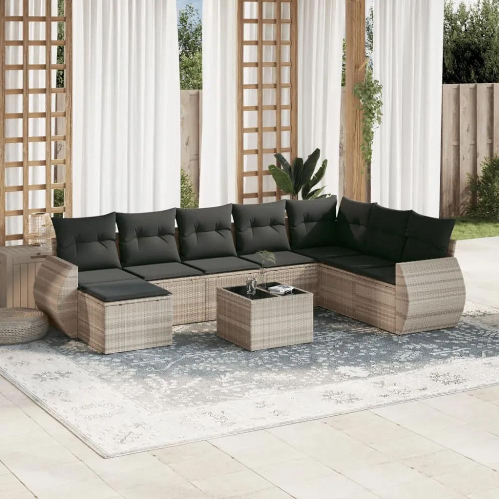9-delige Loungeset met kussens poly rattan lichtgrijs vidaXL