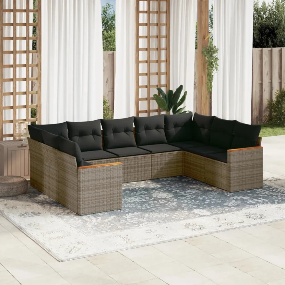 9-delige Loungeset met kussens poly rattan grijs vidaXL