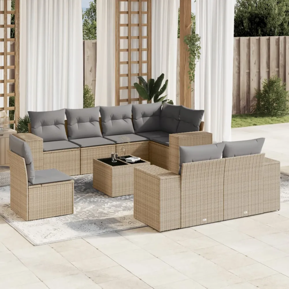 9-delige Loungeset met kussens poly rattan beige vidaXL
