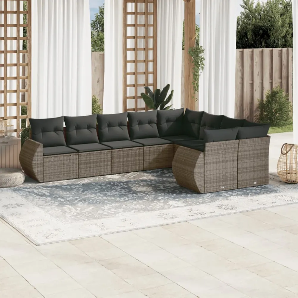 9-delige Loungeset met kussens poly rattan grijs vidaXL