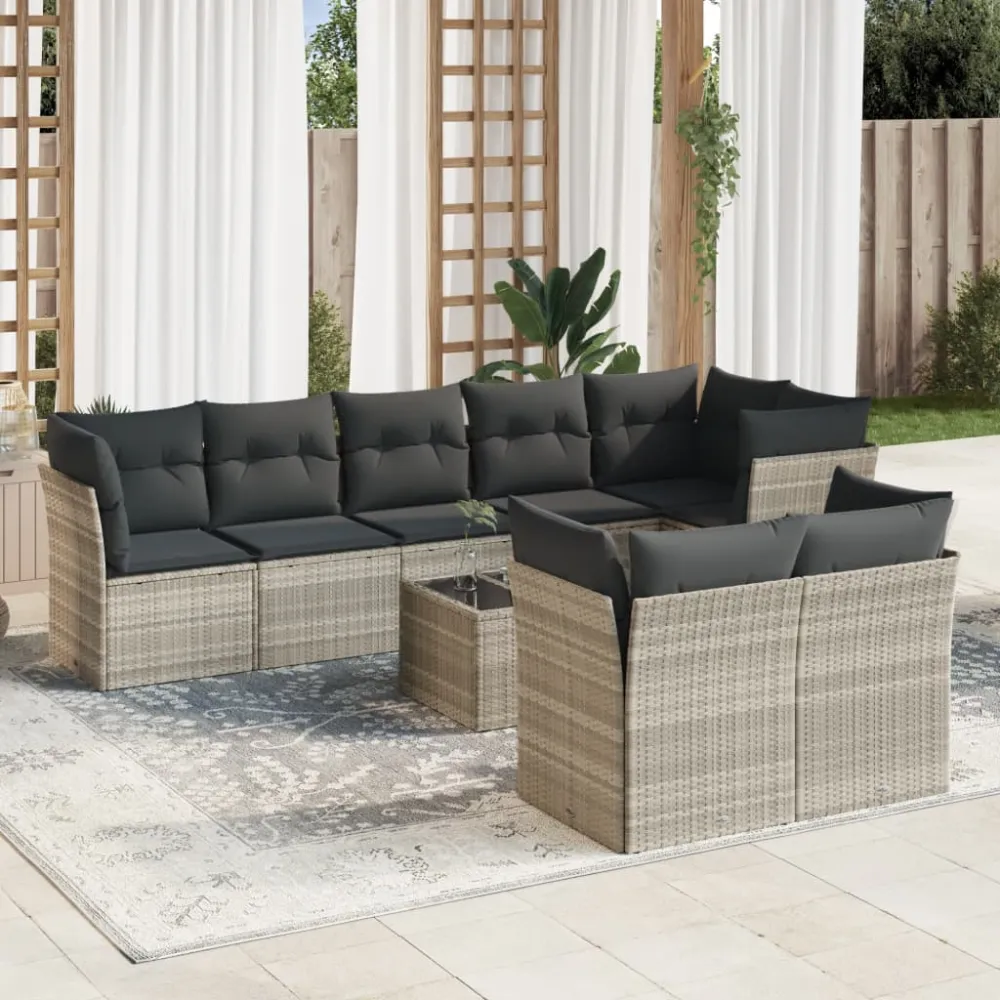 9-delige Loungeset met kussens poly rattan lichtgrijs vidaXL