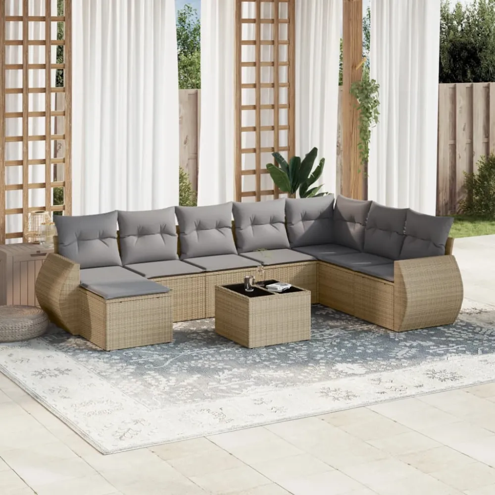 9-delige Loungeset met kussens poly rattan beige vidaXL