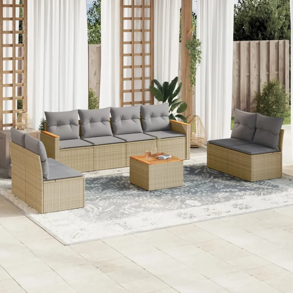 9-delige Loungeset met kussens poly rattan gemengd beige vidaXL