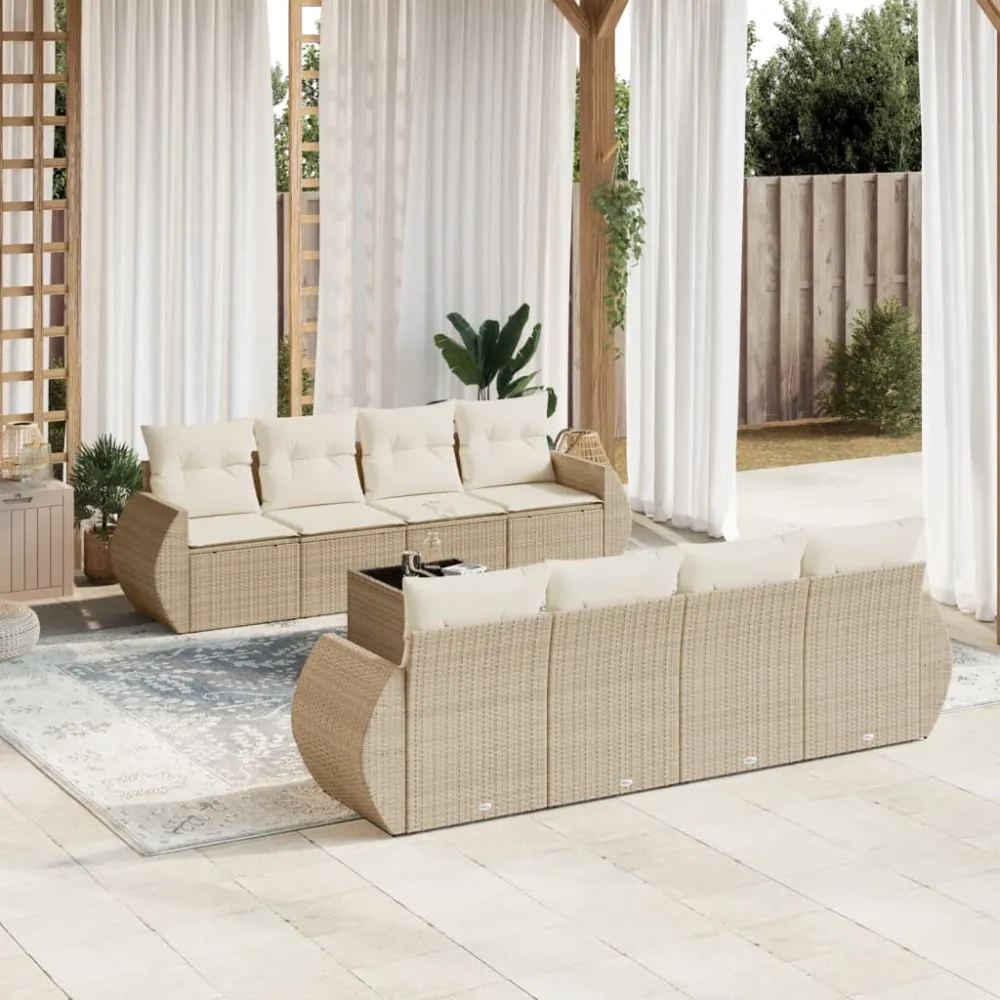 9-delige Loungeset met kussens poly rattan beige vidaXL