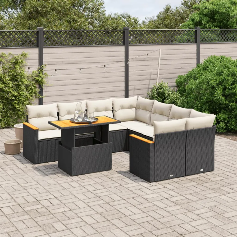 9-delige Loungeset met kussens poly rattan zwart vidaXL