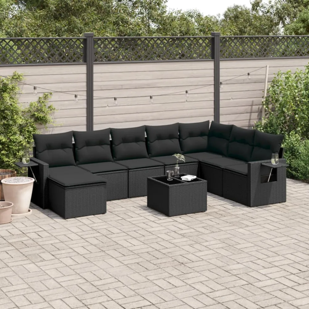 9-delige Loungeset met kussens poly rattan zwart vidaXL
