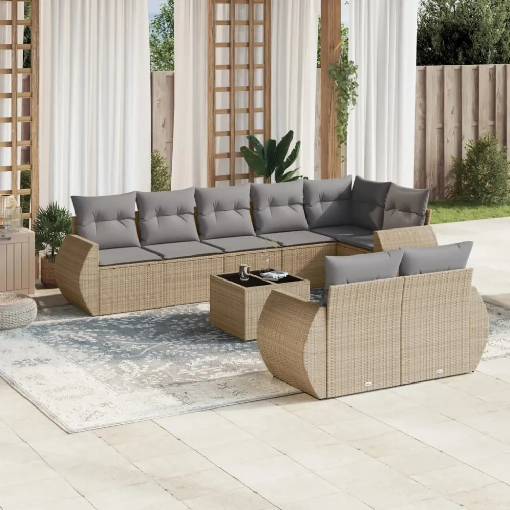 9-delige Loungeset met kussens poly rattan beige vidaXL