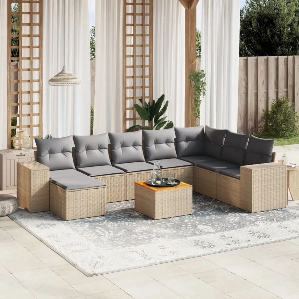 9-delige Loungeset met kussens poly rattan beige vidaXL